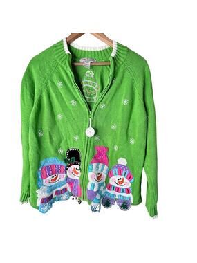 Carly St Claire Snowman Christmas Sweater Cardigan XL Green Zip Front